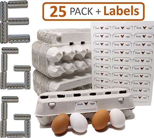 Product Cover Egg Cartons - 25 Bulk Pack - 30 Bonus Quality Blank Labels of multi temp vinyl material, 100% recycled pulp biodegradable material, holds one dozen eggs, multi-use, sturdy, bulk cheap egg carton