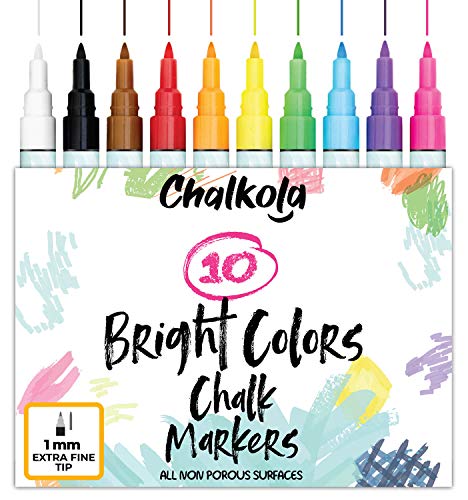 Product Cover 1mm Extra Fine Tip Chalk Markers - Pack of 10 neon Color pens | Non-Toxic, Wet Wipe | For Chalkboard, Window, Blackboards, Glass