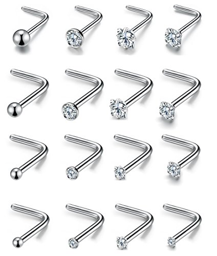 Product Cover 20G 16Pcs Stainless Steel Stud Nose Ring CZ L Shape Nose Body Piercing for Womens Mens