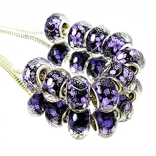Product Cover TianBo Top Quality 100Pcs Silver Plate Purple Flower Theme Acrylic European Charms Beads Spacers Fit European Style Beads with Plating Silver Double Core