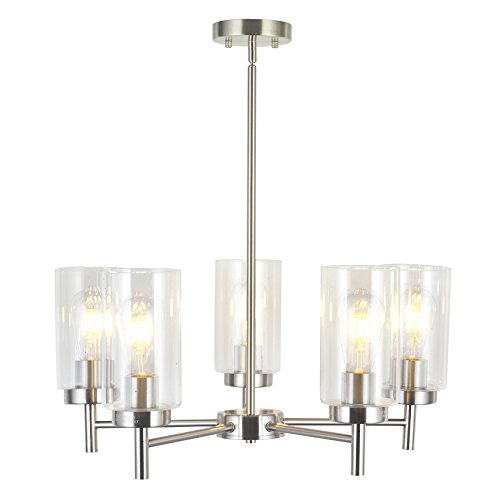 Product Cover VINLUZ Contemporary 5 Light Large Chandeliers Modern Clear Glass Shades Pendant Lighting Brushed Polished Nickel Dining Room Lighting Fixtures Hanging Adjustable Wire Semi Flush Ceiling Lights