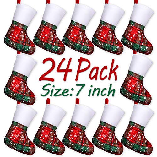 Product Cover LimBridge Christmas Mini Stockings, 24 Pack 7 inches Plaid Snowflake Print with Fleece Cuff, Rustic Stocking Decorations for Whole Family