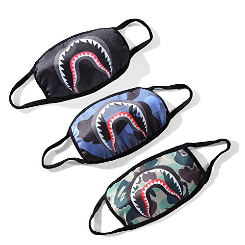 Product Cover Bape Shark Face Mask for Boys Grils Kids, 3 Pack Anti Dust Cotton Mouth Masks Fashion Half Mask for Ski, Cycling, Camping, Shopping, Halloween, Christmas, Pet Grooming, (Black, Green, Blue)