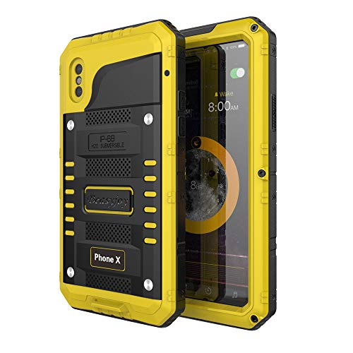 Product Cover Beasyjoy Phone Case for iPhone X, Heavy Duty Hard Strong Metal Cover with Built-in Screen Waterproof Shockproof Durable Military Grade Full Body Protection for Outdoor Yellow