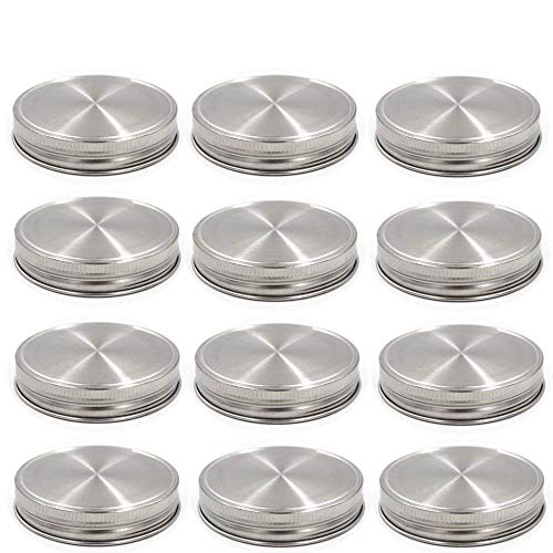 Product Cover Stainless Steel Mason Jar Lids, Storage Caps with Silicone Seals for Wide Mouth Size Jars, Polished Surface, Reusable and Leak Proof, Pack of 12