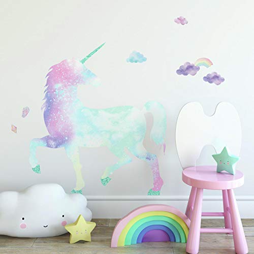 Product Cover RoomMates Galaxy Unicorn Peel And Stick Giant Wall Decal With Glitter , pink, blue, purple, aqua , 1 Sheet at 36.5 inches x 17.25 inches and 1 Sheet at 9 inches x 36.5 inches - RMK3845GM