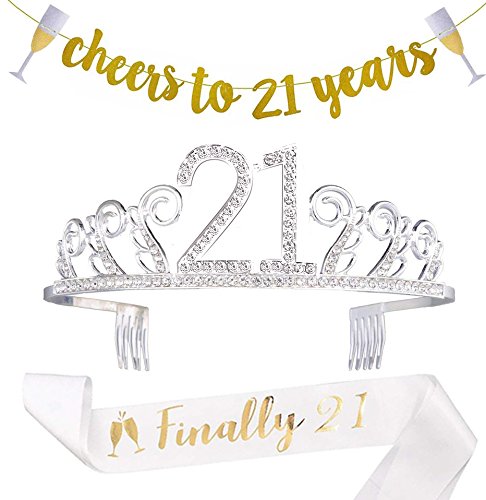 Product Cover 21st Birthday Decorations Party Supplies - 21st Birthday Gifts for her,21 Birthday sash | Banner | Crown | Cake Topper. (21)