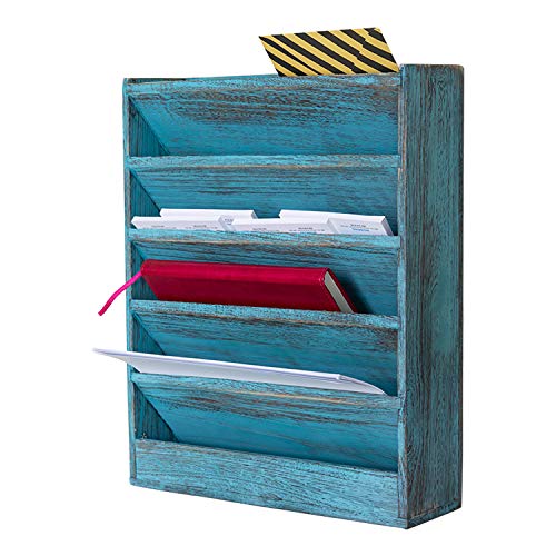 Product Cover Comfify Rustic Wood Document Filing Organizer for Home or Office - Wall Mounted Magazine Holder with 5 Slots - Mail Organizer for Wall - Real Torched Wood Mail Rack Tray - Rustic Blue