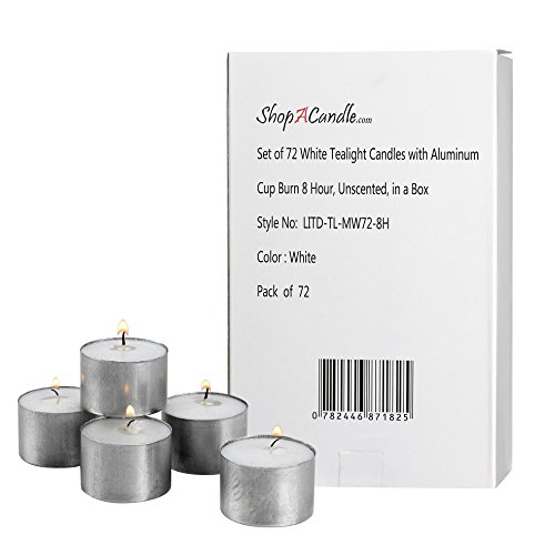 Product Cover White Tea Light Candles in Metal Cups - Pack of 72 Unscented Tealights - 8 Hour Burn Time - Smokeless, Dripless, Long Lasting Bulk Set.