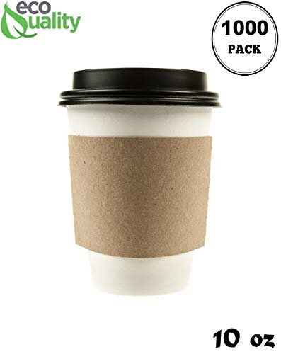 Product Cover 1000 Pack - 10 oz Disposable White Paper Coffee Cups with Black Dome Lids and Protective Corrugated Cup Sleeves - Perfect Disposable Travel Mug for Home, Office, Coffee Shop, Travel, Tea