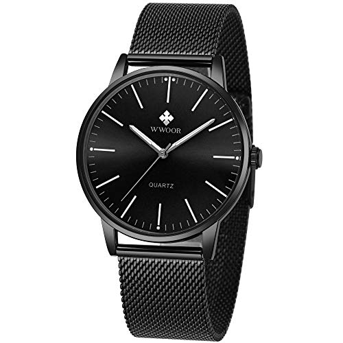 Product Cover Mens Simple Slim Watch Analog Quartz Waterproof Black Stainless Steel Mesh Band Thin Casual Dress Wrist Watches for Men