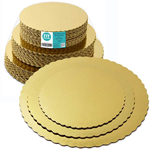 Product Cover 8 10 12 Inches Round Tierd Cake Boards Combo - Cardboard Disposable Layered Cake Pizza Circle Scalloped Gold Stackable Tart Decorating Base Stand - 30 Pieces