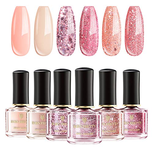 Product Cover BORN PRETTY Nail Polish 6 Colors Set - Nude Color Rose Gold Glitter Pink Sequins Nail Polish Collection