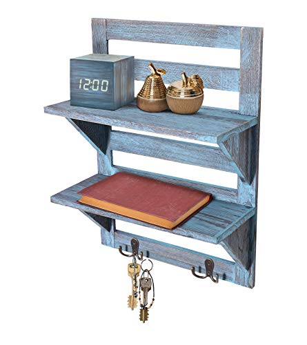 Product Cover Comfify Rustic Wall Mounted Shelves - Kitchen or Bathroom Farmhouse Rustic Décor - Vintage Wall Shelves with Two Double Iron Hooks & 2-Tier Storage Rack - Decorative Wall Shelf Organizer- Rustic Blue
