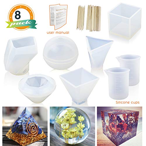 Product Cover LET'S RESIN 6 Pack Resin Molds, Various Shape Epoxy Resin Molds Including Cube, Pyramid, Sphere, Diamond, Stone Resin Mold, Resin Silicone Molds with Silicone Measuring Cups & Wood Sticks