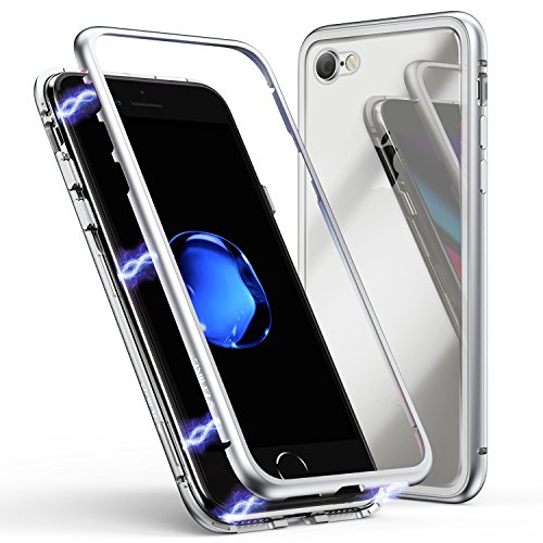 Product Cover iPhone 8 Case,iPhone 7 Case, ZHIKE Magnetic Adsorption Case Metal Frame Tempered Glass Back with Built-in Magnet Cover for Apple iPhone 7/8 (Clear White)