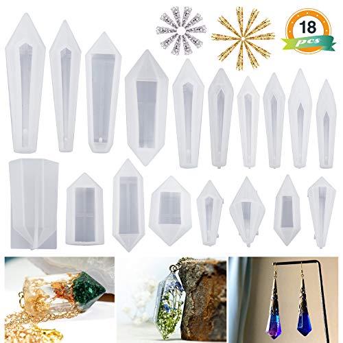 Product Cover LET'S RESIN Resin Pendulum Molds 18Pcs Flexible Silicone Quartz Crystal Molds with 20 Pcs Metal Bead Caps, Multi-Facet Gemstone Shape Pendant Molds, Epoxy UV Resin Molds for Resin Jewelry, Pendant