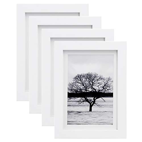 Product Cover Egofine 5x7 Picture Frames 4 PCS - Made of Solid Wood HD Plexiglass for Table Top Display and Wall Mounting Photo Frame White