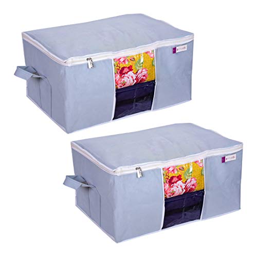 Product Cover Prettykrafts Underbed Storage Bag, Storage Organizer, Blanket Cover with Side Handles (Set of 2 pcs) - Grey