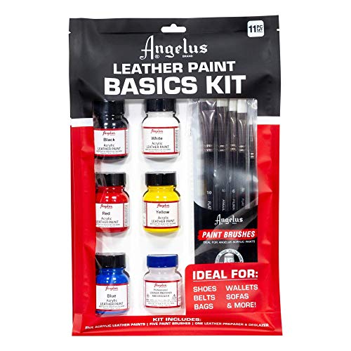 Product Cover Angelus Leather Paint Basics Kit, Contains 1 Ounce Bottles of Black, White, Red, Blue, Yellow and Preparer, Plus a 5-Piece Angelus Brush Set (799-01-KIT)