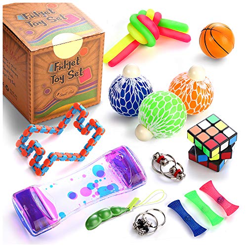 Product Cover Sensory Fidget Toys Set, 22 Pcs., Stress Relief and Anti-Anxiety Tools Bundle for Kids and Adults, Marble and Mesh, Pack of Squeeze Balls, Soybean Squeeze, Flippy Chain, Liquid Motion Timer & More