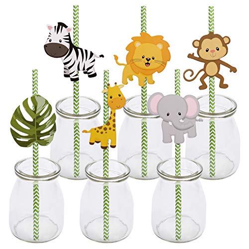 Product Cover Woodland Jungle Animal Theme Paper Straw Decor - Forest Animals Baby Shower or Birthday Party Striped Decorative Straws - Set of 36