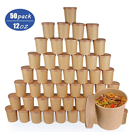Product Cover Disposable Take Out Food To-Go Containers/Soup Containers , Eco Friendly Kraft, Deli Food Storage with Airtight Lids, Stackable Pails 50 Packs for restaurant ,To-Go Lunch or Food Service(12OZ)