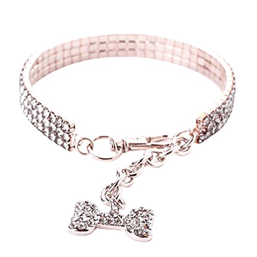 Product Cover Necklace for Small Dog Girl Wakeu Rhinestone Bling Collars with Bone Pendant (S, Series 2 ~ Silver)