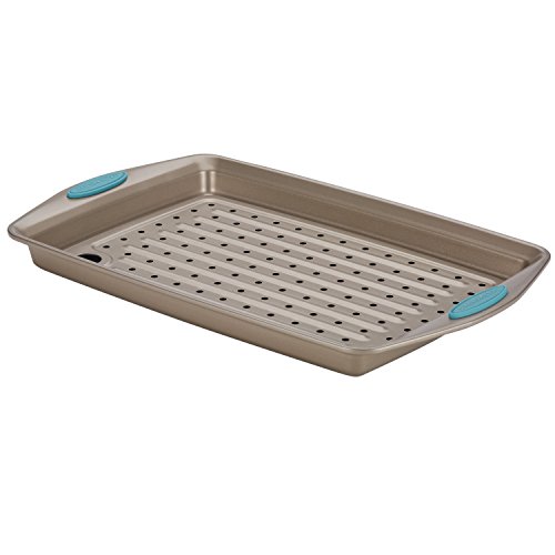 Product Cover Rachael Ray 47426 Cucina Nonstick Bakeware Set with Grips, Nonstick Cookie Sheet / Baking Sheet and Crisper Pan - 2 Piece, Latte Brown with Agave Blue Handle Grips