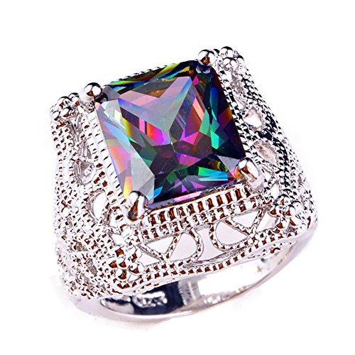 Product Cover Psiroy 925 Sterling Silver Created Rainbow Topaz Filled Filigree Art Deco Statement Ring Size 7