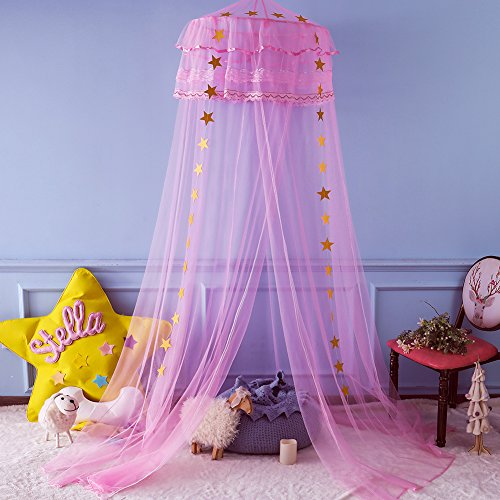 Product Cover Twinkle Star Kids Netting Princess Bed Canopy 3 Layers Lace Ruffle Dome for Baby, Girls (Pink)