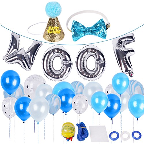 Product Cover BINGPET Dog Birthday Party Supplies, Dog Birthday Hat and Bow - WOOF Letter Ballons - 20Pc Biodegradable Latex Balloons