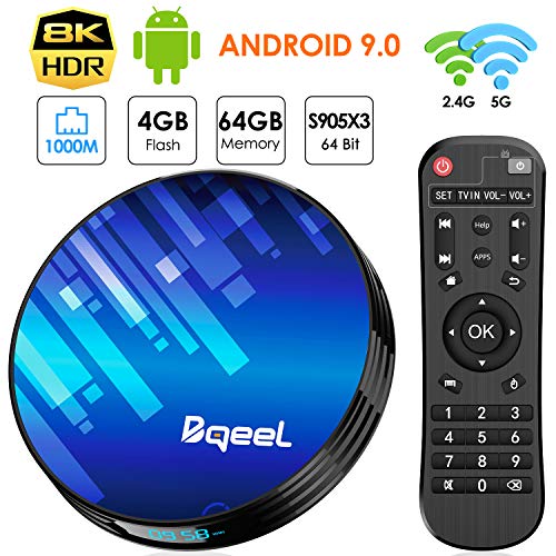 Product Cover Android TV Box 9.0 4GB RAM 64GB ROM, Bqeel TV Box Android S905X3 Quad-Core 64bit with Dual-WiFi 2.4GHz/5GHz, 3D Ultra HD 8K H.265 1000M, BT 4.0 USB 3.0 Smart TV Box