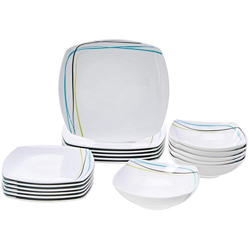 Product Cover AmazonBasics 18-Piece Square Kitchen Dinnerware Set, Dishes, Bowls, Service for 6, Soft Lines