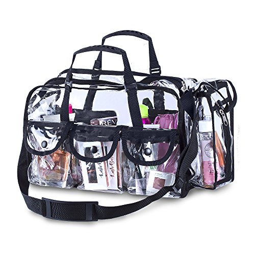 Product Cover Premium Clear Makeup Organizer PVC Toiletry Bag 17 inch x 9 inch x 10 inch Transparent Cosmetic Bag for Women Sturdy Zipper and 4 External Pockets for Toiletries Adjustable Strap
