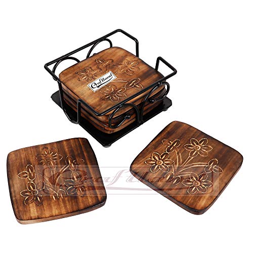 Product Cover Craftland Wooden Coaster Set of 6 with Carved Flower Design on Coaster with Wrought Iron Holder for Coffee Table/Kitchen/Dining Table