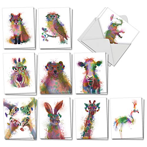 Product Cover Funky Rainbow Wildlife - 20 Watercolor Blank Note Cards with Envelopes (4 x 5.12 Inch) - Boxed All Occasion Animal Cards - Cute Assorted Notecard Set for Kids (2 Each, 10 Designs) AM4948OCB-B2x10