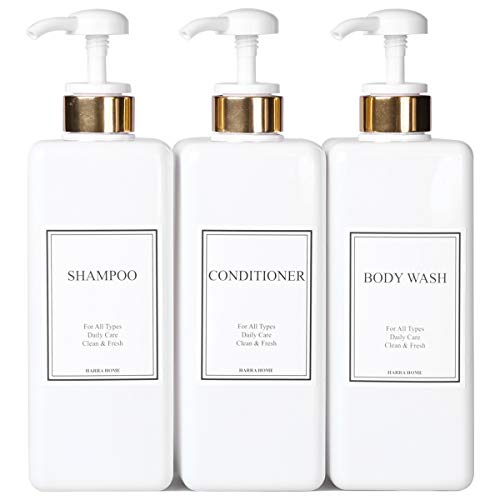 Product Cover HARRA HOME Modern Gold Design Pump Bottle Set 27 oz Refillable Shampoo and Conditioner Dispenser Empty Shower Plastic Bottles with Pump for Bathroom Lotion Body wash Massage Oils, Pack of 3 (White)