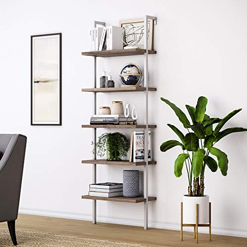 Product Cover Nathan James 65502 Theo 5-Shelf Wood Ladder Bookcase with Metal Frame, Natural Light Brown/White