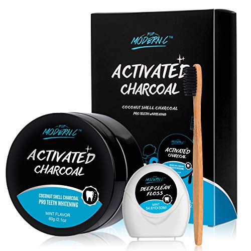 Product Cover Teeth Whitening Powder Activated Charcoal Coconut -2.1oz(60g)-Teeth Whitening Kit-Bamboo Toothbrush and Teeth Floss Teeth Whitener - Tooth Powder-Oral Care Teeth Stain Remover XMAS GIFT (MINT)