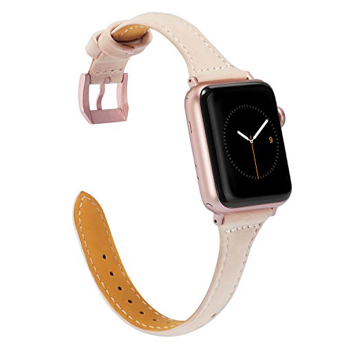 Product Cover Wearlizer Nude Slim Leather Compatible with Apple Watch Bands 38mm 40mm Womens for iWatch Strap Wristband Thin Replacement Leisure Cute Bracelet (Rose Gold Metal Clasp) Series 5 4 3 2 1 Edition Sport
