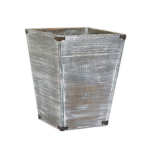 Product Cover VERGOODR Gray Farmhouse Style Torched Wood Square Waste Bin with Decorative Metal Brackets Trash Can for Bedroom,Living Room, Bathroom & Office