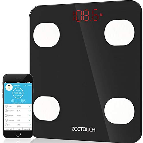 Product Cover Body Fat Scale, ZOETOUCH Smart Digital Bathroom Weight Scale with iOS and Android APP Wireless Body Composition Analyzer Fitness Health Monitor Capacity up to 180 kg/396 lbs, Black