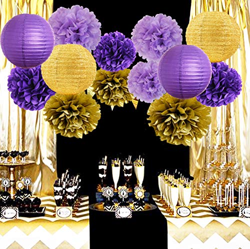 Product Cover Furuix Purple Gold Party Decorations Glitter Gold/Purple Paper Lanterns Tissue Paper Pom Poms Purple Birthay/Baby Shower/Bridal Shower/Wedding Decorations
