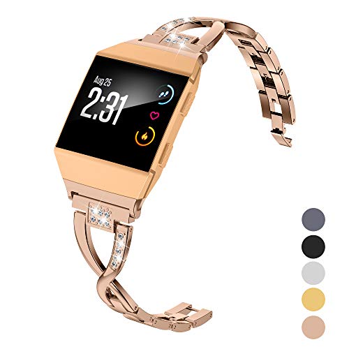 Product Cover Wearlizer Bling Band Compatible for Fitbit Ionic Bands Women, Metal Bling Replacement Band Bracelet with Diamond Rhinestones X-Link Compatible Fitbit Ionic Small Large Rosegold