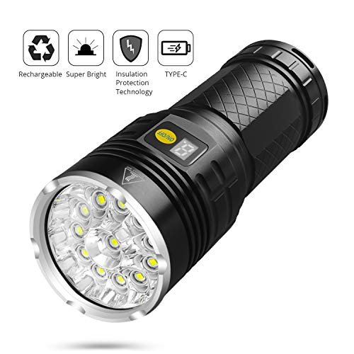 Product Cover Sondiko 10000 Lumen Super Bright Led Flashlight, Rechargeable Type-C 12xLEDs 4 Modes Torch with Power Display Function&Insulation Protection Technology, Built-in Batteries