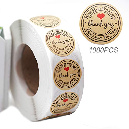 Product Cover 1000pcs Handmade with Love Sticker, YOGET 1'' Round Thank You Stickers Roll Kraft Paper Strong Adhesive Stickers