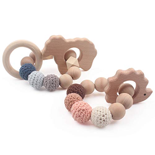Product Cover Baby Teething Ring Hedgehog Wooden Teether Bangles Baby Organic Sheep Safe and Natural Nursing Toddler Jewelry