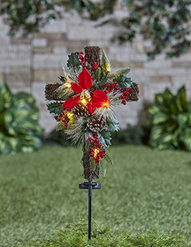 Product Cover The Lakeside Collection Solar Lighted Christmas Cross Stake with Faux Pine Cones, Foliage