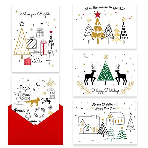 Product Cover MPFY- Holiday Cards, Christmas Cards, Gold Foil, Pack of 25 with Envelope and 1 Gold Marker, 5 Unique Design, Christmas Cards Boxed, Christmas Card, Bulk, Greeting Cards, Happy Holidays Cards, Xmas